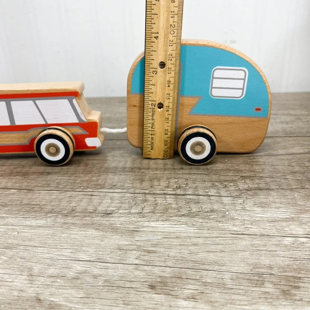 Wooden Toy Car and Camper Pull Toy Red Fred Road Trip Set